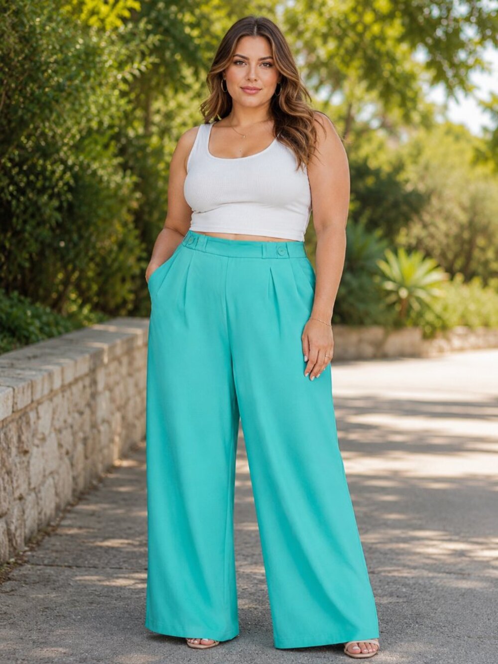Ashley Stewart Aqua Green Wide Leg Pants Plus Size 26/28 4XL Trousers Stretch